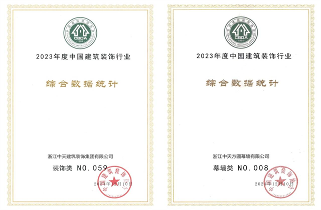 BJL平台装饰集团位列2023年度中国建筑装饰企业百强59位、幕墙百强第8位